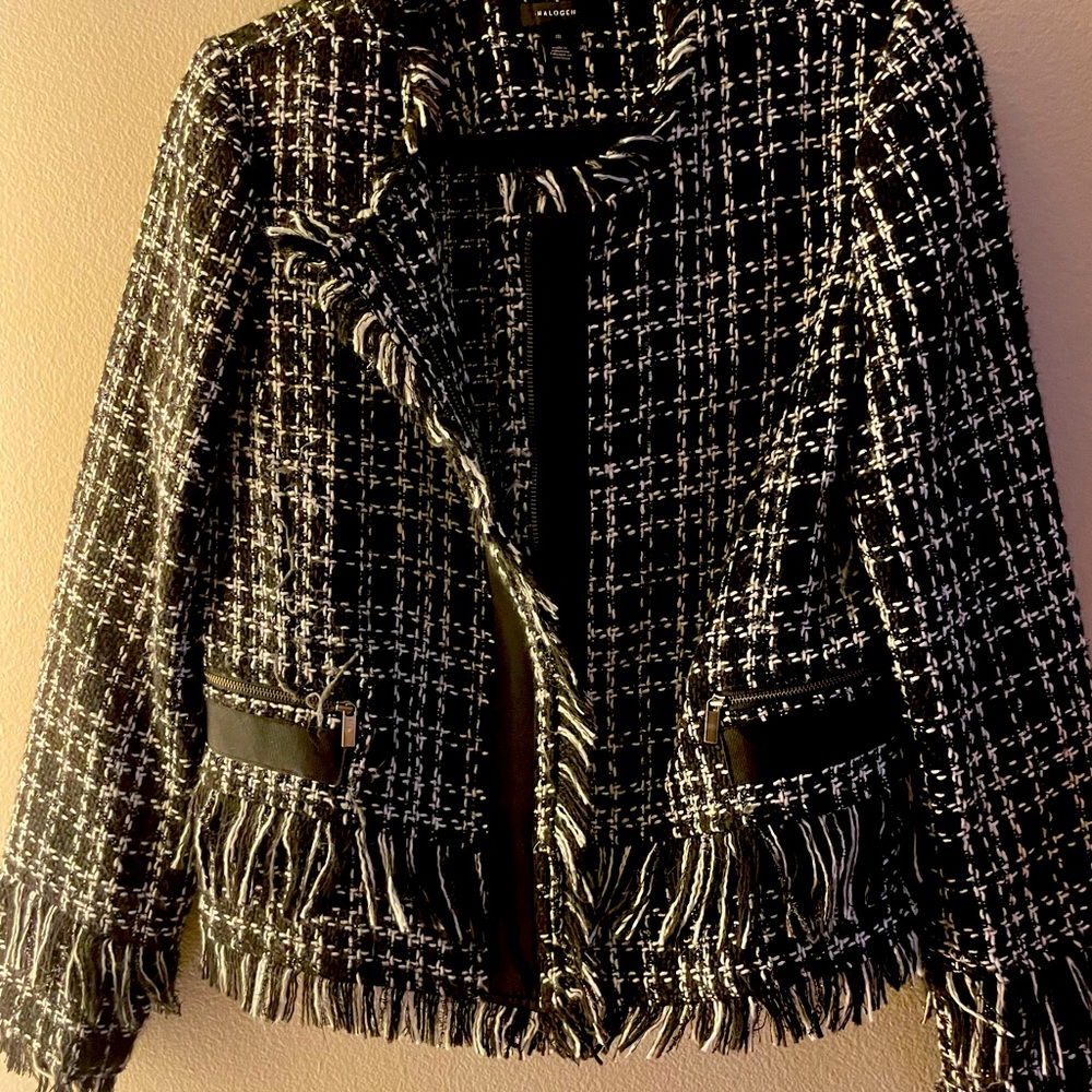 Halogen jacket with fringe edge and sparkly black threading detail